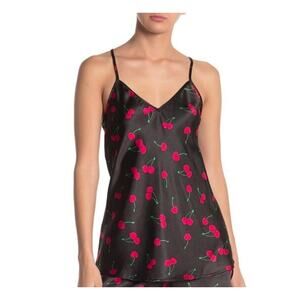 Cozy Rozy Women's Cherry Satin V-Neck Crisscross Back Pajama Top in Black LG $20